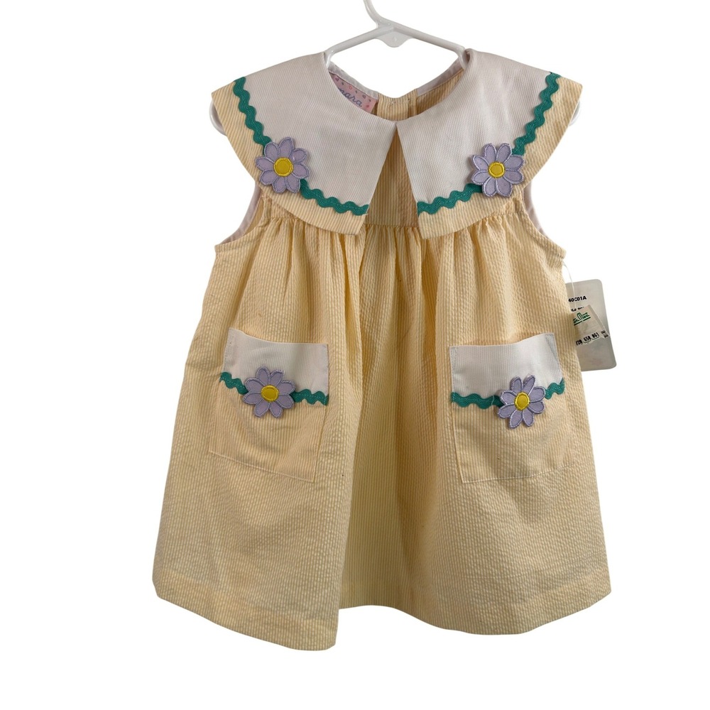 Samara Seersucker Dress 3T Yellow White Striped Floral Rick Rack Kids